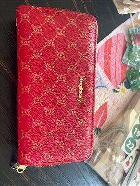 Blackcherry Red Patterned Zip-Around Wallet with Gold Logo